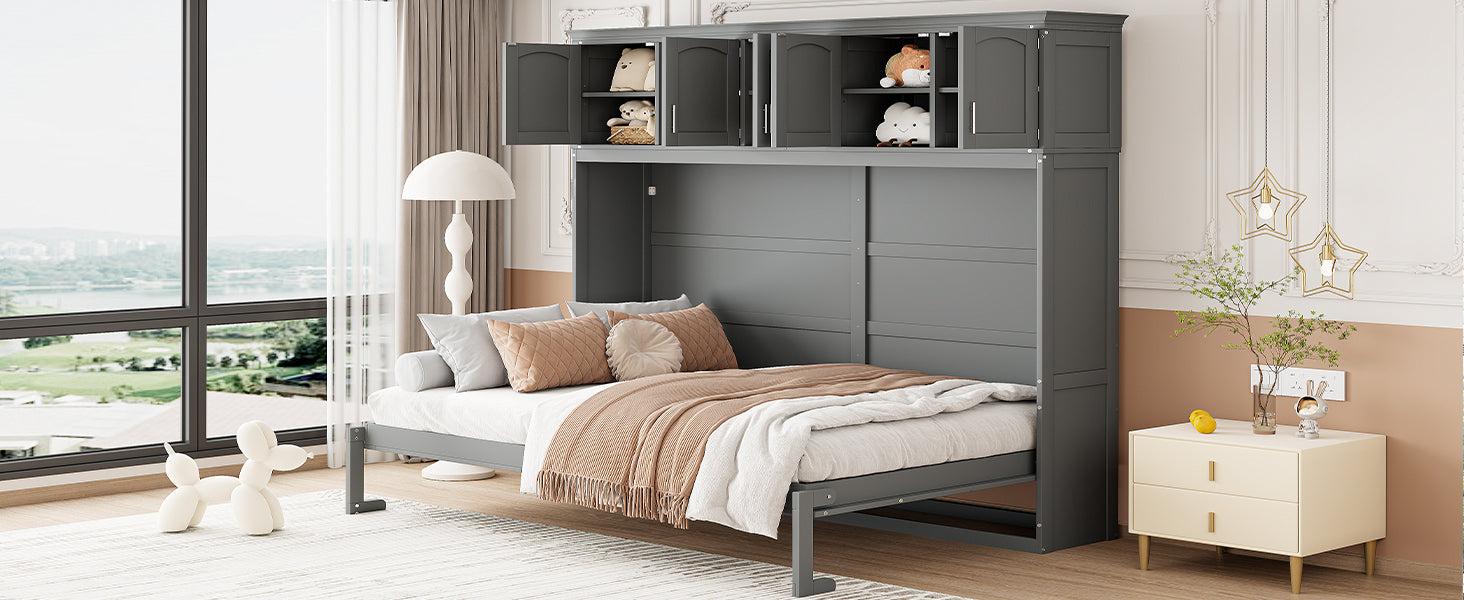 Queen Size Murphy Bed Wall Bed with Top Cabinets,Gray(OLD SKU :LP006665AAE)