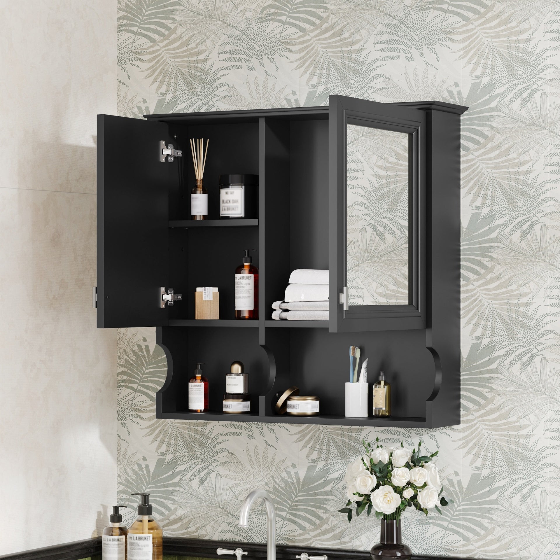 30 Inch Mirror Medicine Cabinet with Open Shelves, Wall Mounted Home Storage with Doors & Mirror, Adjustable Shelf, Bathroom Storage Cabinet over Toilet