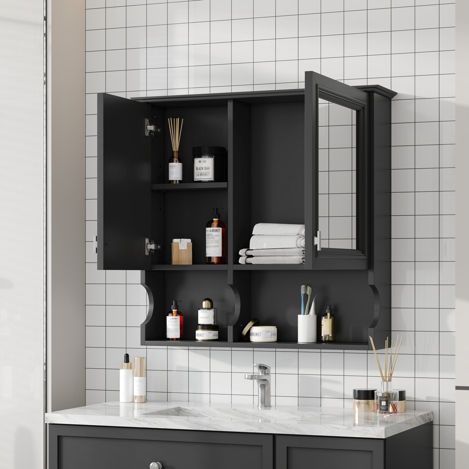 30 Inch Mirror Medicine Cabinet with Open Shelves, Wall Mounted Home Storage with Doors & Mirror, Adjustable Shelf, Bathroom Storage Cabinet over Toilet