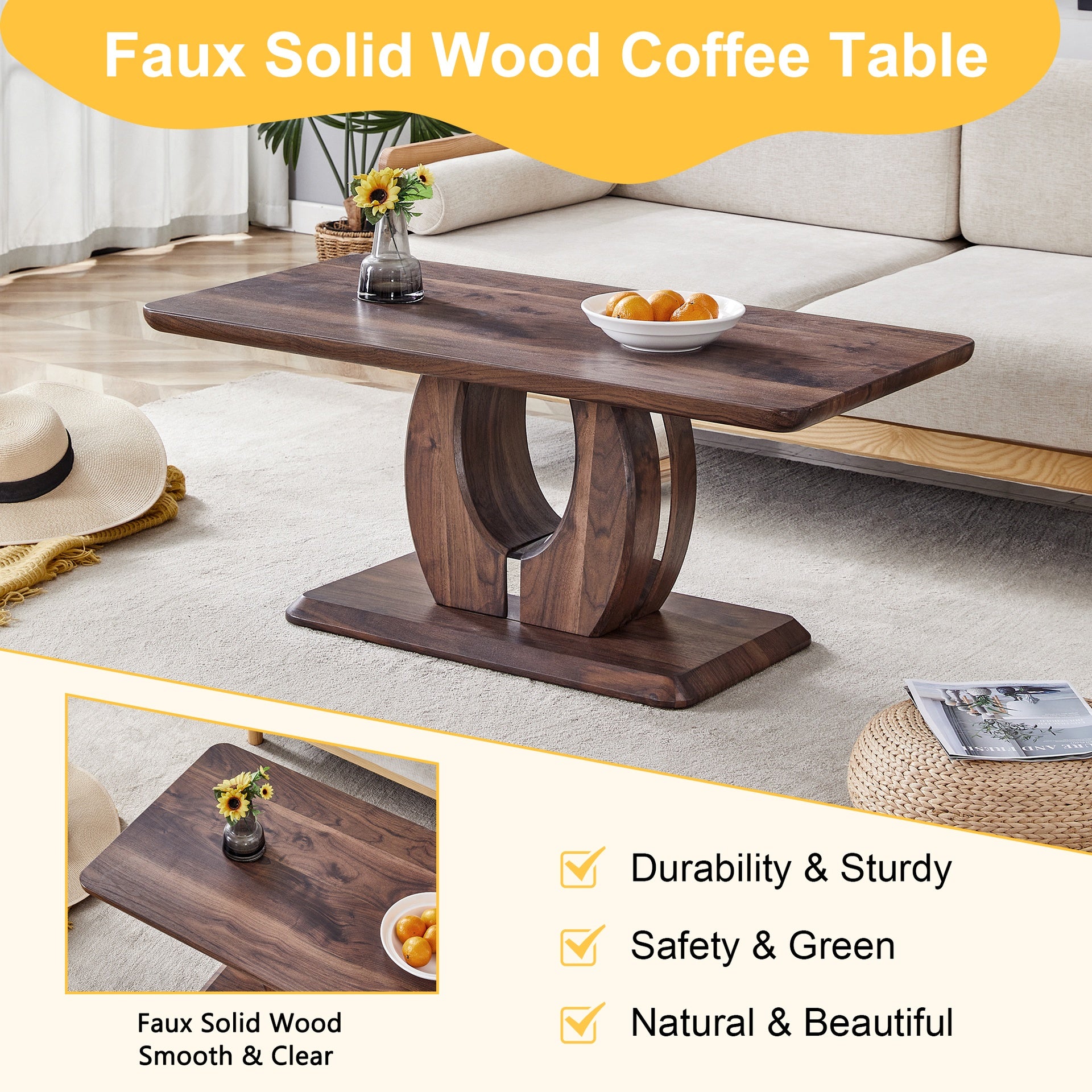 Modern Minimalist Walnut Dark Brown Texture Sticker-Patterned MDF Rectangular Coffee Table. Add a quiet and cozy atmosphere to your home.MDF coffee table,Walnut,Dark Brown textured Sticker,side table.