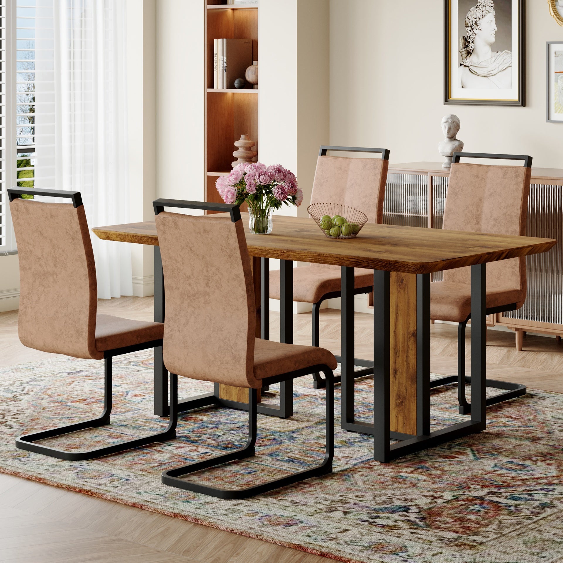 Table and chair set.67"x36" Wood-Textured MDF Dining Table Set with 4 Brown Fabric Chairs.MDF sticker,Wood colored texture sticker,Black C-tube dining chair legs,Suitable for kitchen,Dining room,etc.