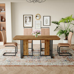 Table and chair set.67"x36" Wood-Textured MDF Dining Table Set with 4 Brown Fabric Chairs.MDF sticker,Wood colored texture sticker,Black C-tube dining chair legs,Suitable for kitchen,Dining room,etc.