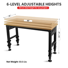 48 "Adjustable Workbench with Power Outlet, Heavy Duty Load Capacity Hardwood Workbench Suitable for Workshop, Office, Garage, Home