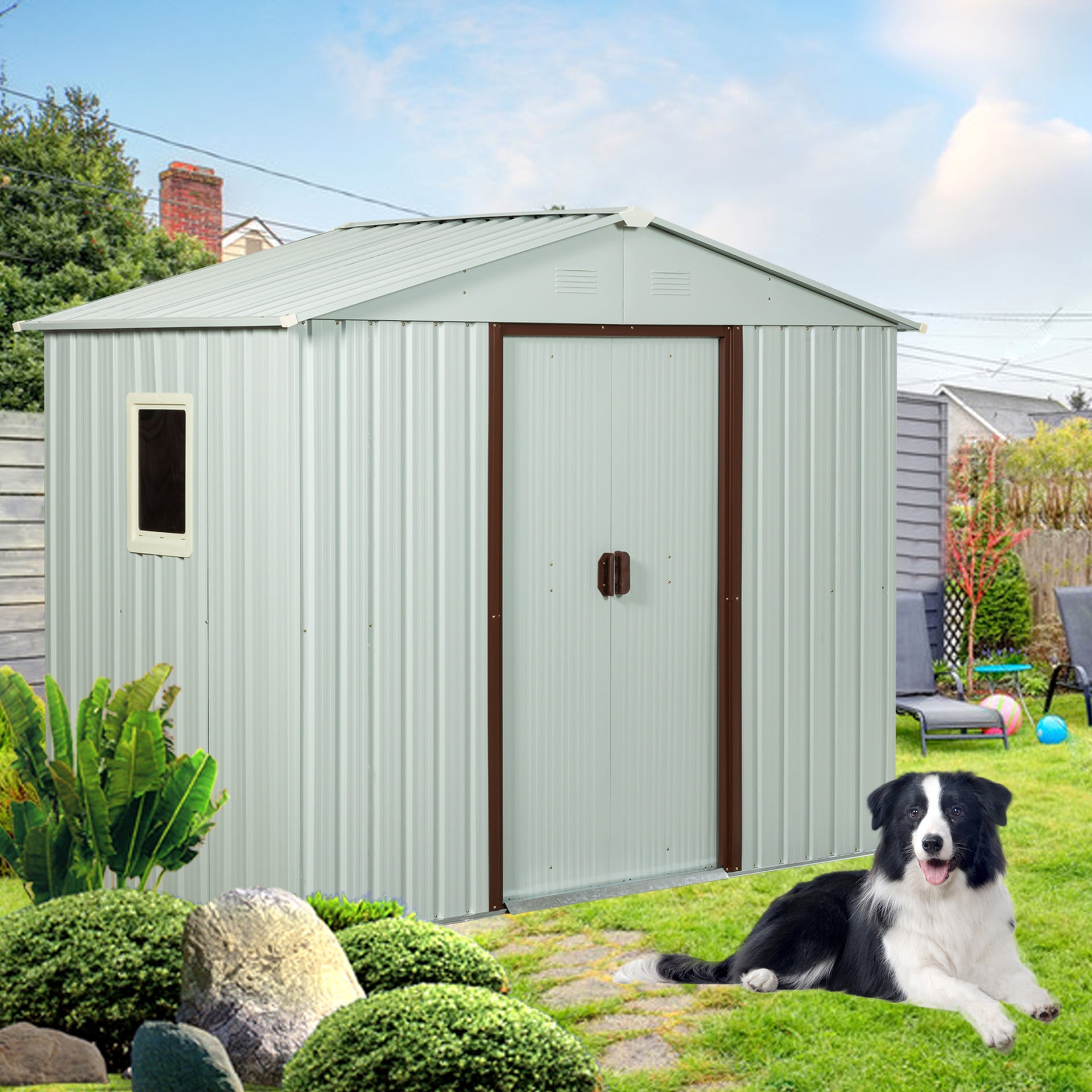 8ft x 4ft Outdoor Metal Storage Shed With window and metal foundation White