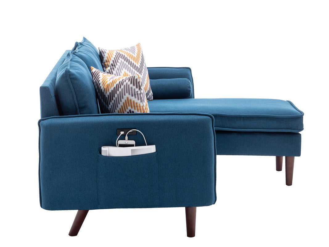 Mirella 70"W Blue Sectional Sofa Chaise with USB Charger & Pillows