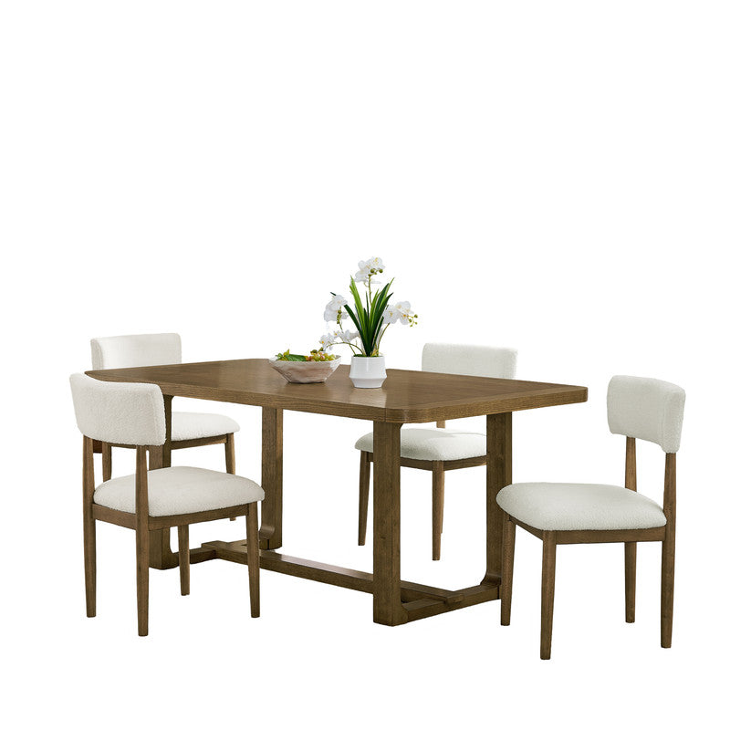 Dafne 5Pc 72" Rectangular Walnut Oak Finish Sled Dining Set with Beige Sherpa Fabric Chairs