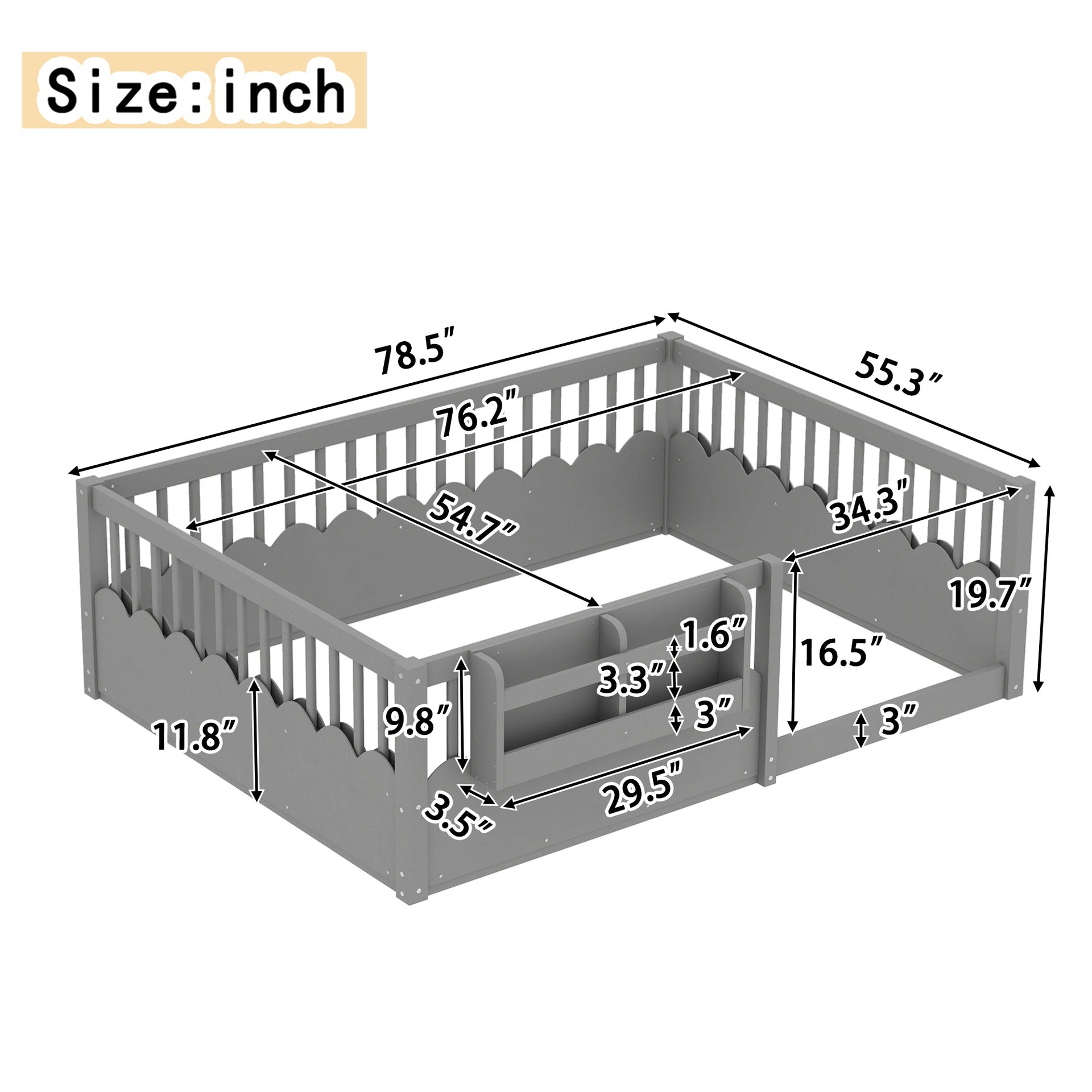 Full Floor bed with Heightened Fence and bookshelf ,Wood Floor Bed for Kids,Gray.