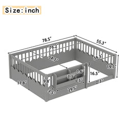 Full Floor bed with Heightened Fence and bookshelf ,Wood Floor Bed for Kids,Gray.