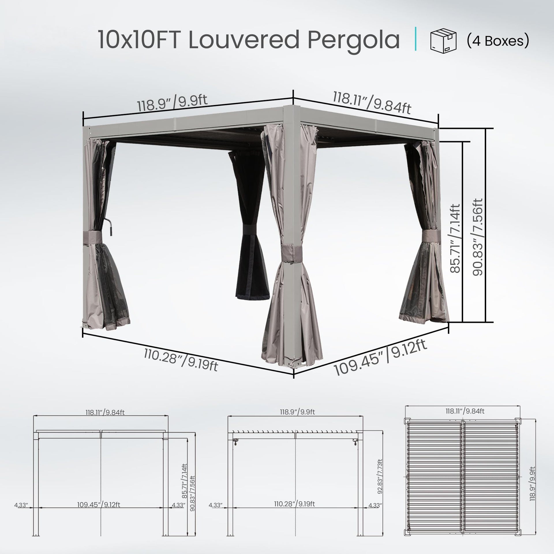 10x10 FT Outdoor Louvered Pergola with Adjustable Louvers-Gray