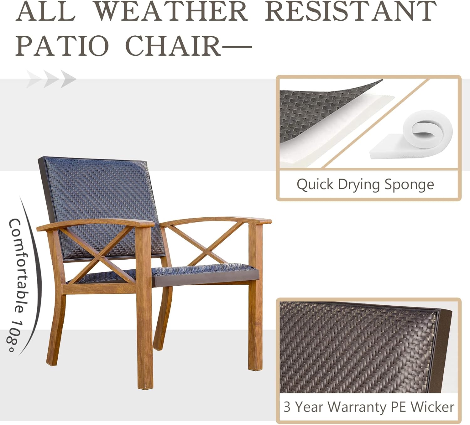 Patio Bistro Set 3 Pieces with Wood Grain Aluminum Wicker Padded Porch Chairs,Coffee Table,Outdoor Conversation Set with Beige Waterproof Pillows