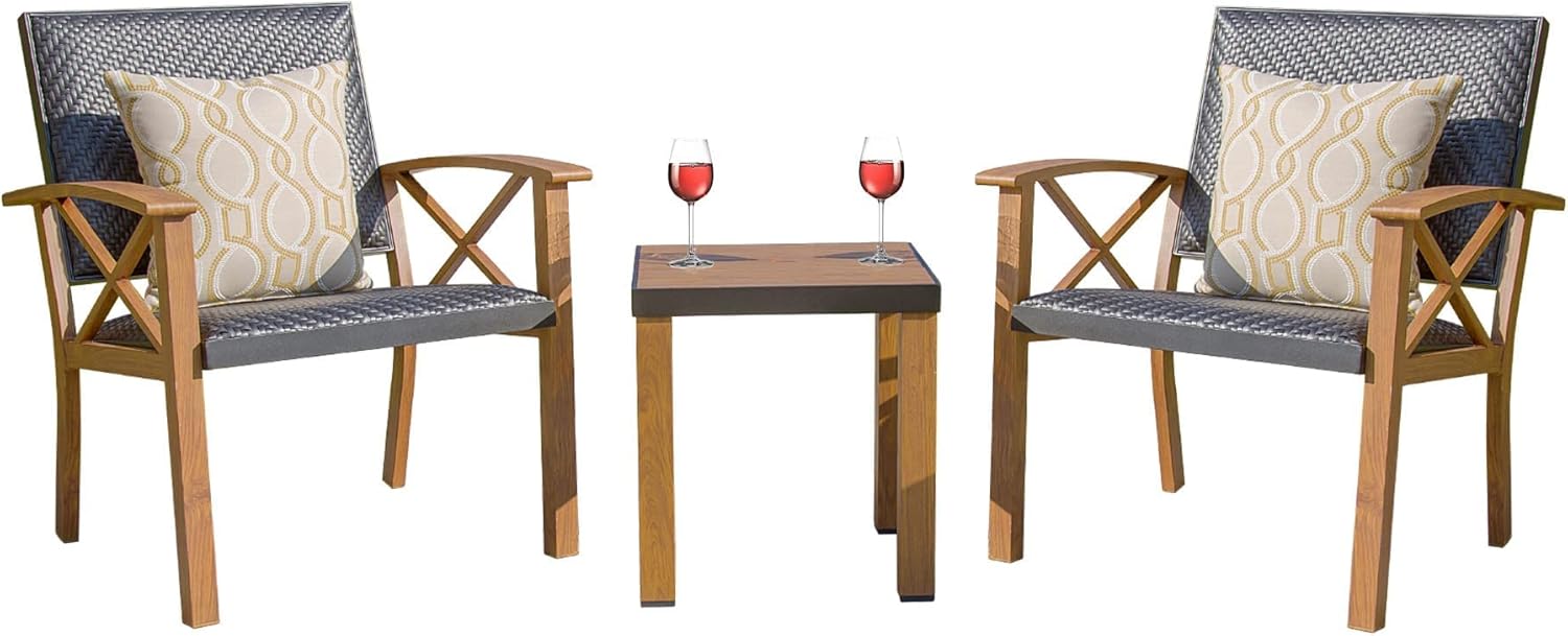 Patio Bistro Set 3 Pieces with Wood Grain Aluminum Wicker Padded Porch Chairs,Coffee Table,Outdoor Conversation Set with Beige Waterproof Pillows