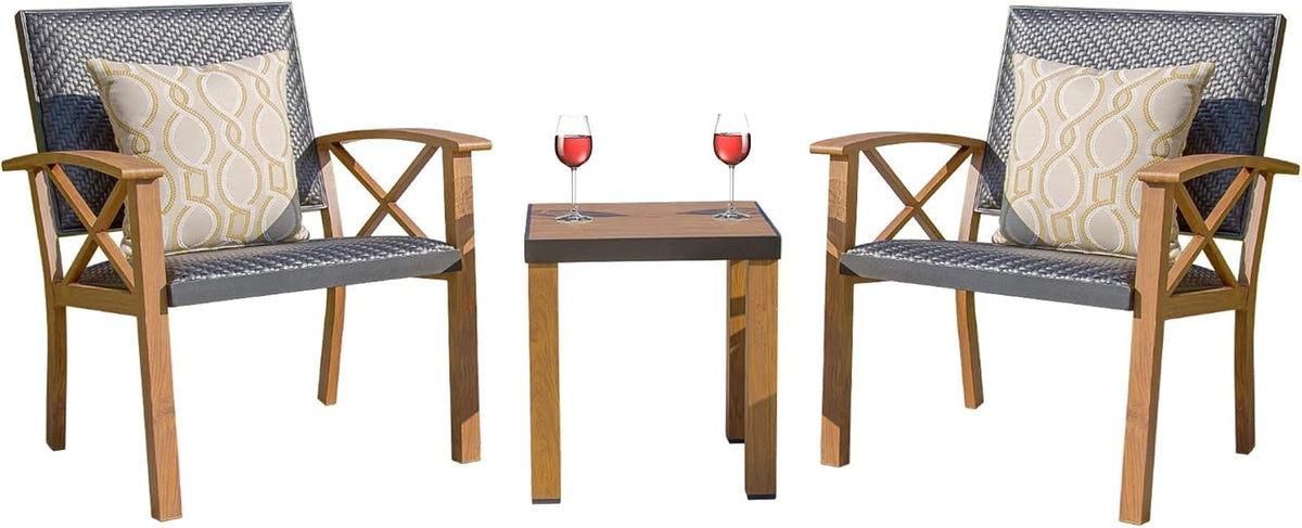 Patio Bistro Set 3 Pieces with Wood Grain Aluminum Wicker Padded Porch Chairs,Coffee Table,Outdoor Conversation Set with Beige Waterproof Pillows