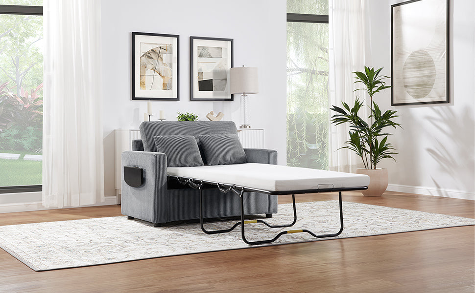 Twin Size Sofa Bed 47.2" Sleeper Sofa Loveseat Sofa with a Foldable Mattress, a Foldable Side Table, a Side Storage Pocket and Two USB Ports for Living Room, Gray