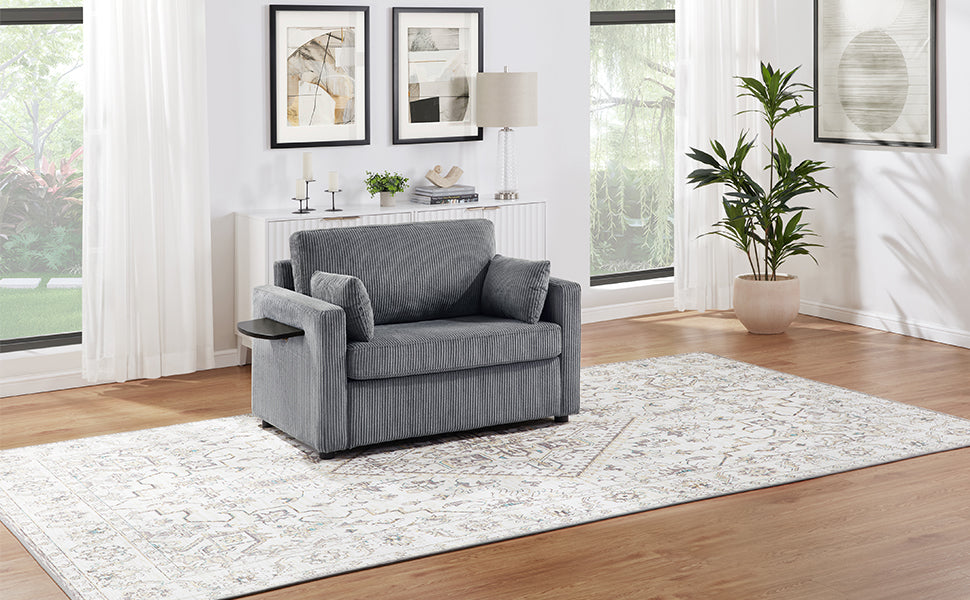 Twin Size Sofa Bed 47.2" Sleeper Sofa Loveseat Sofa with a Foldable Mattress, a Foldable Side Table, a Side Storage Pocket and Two USB Ports for Living Room, Gray