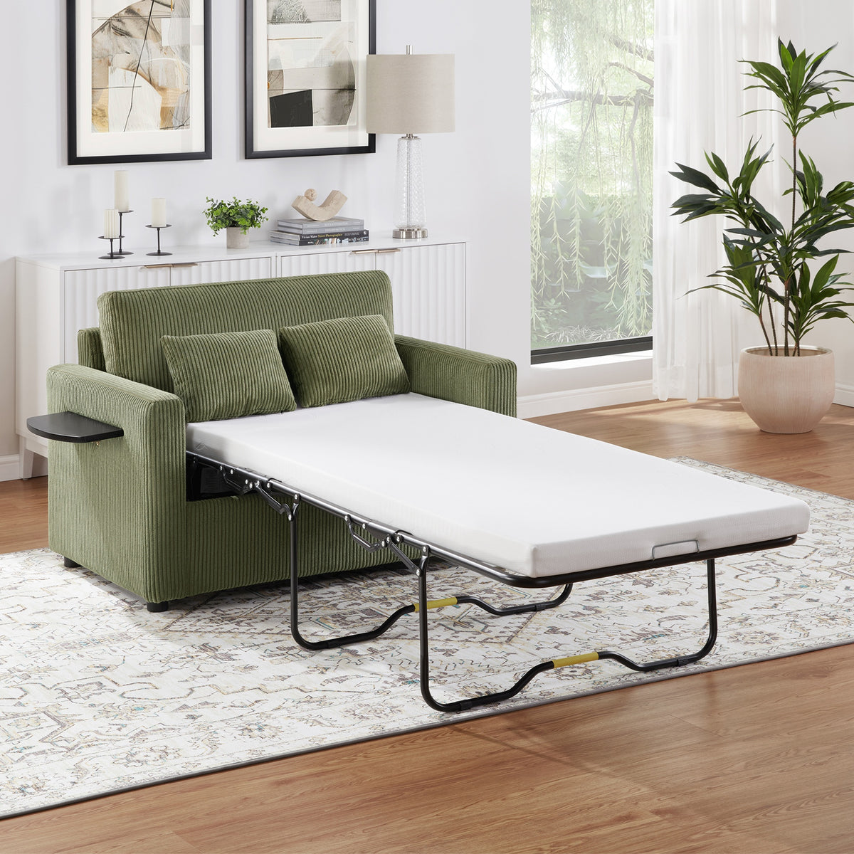 Twin Size Sofa Bed 47.2" Sleeper Sofa Loveseat Sofa with a Foldable Mattress, a Foldable Side Table, a Side Storage Pocket and Two USB Ports for Living Room, Green