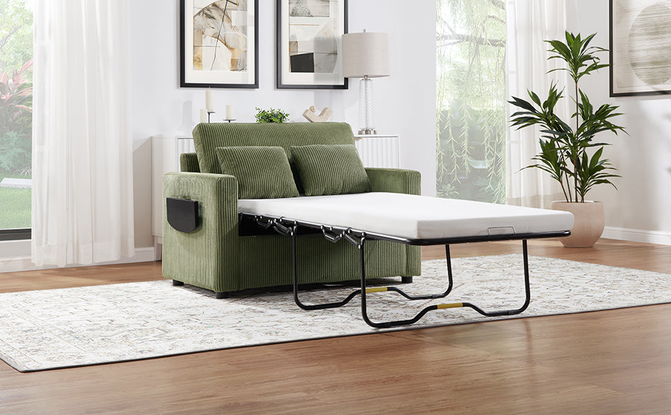 Twin Size Sofa Bed 47.2" Sleeper Sofa Loveseat Sofa with a Foldable Mattress, a Foldable Side Table, a Side Storage Pocket and Two USB Ports for Living Room, Green
