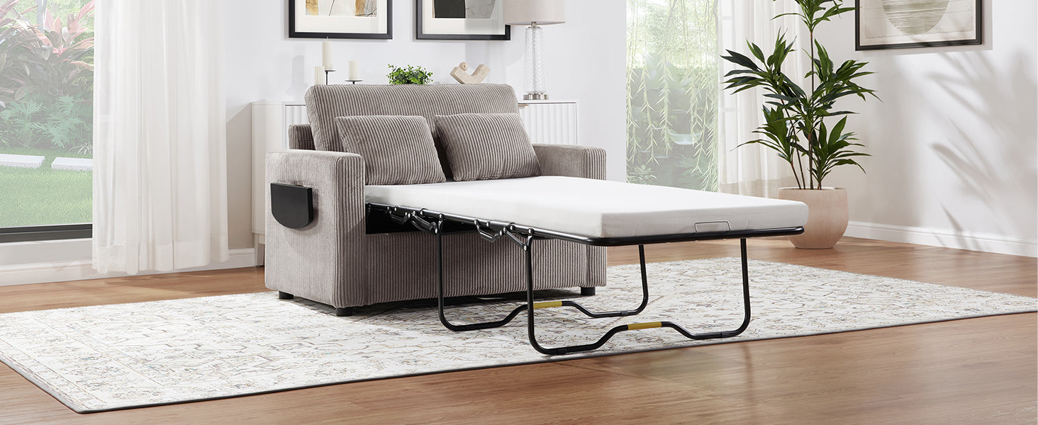 Twin Size Sofa Bed 47.2" Sleeper Sofa Loveseat Sofa with a Foldable Mattress, a Foldable Side Table, a Side Storage Pocket and Two USB Ports for Living Room, Grey-Brown