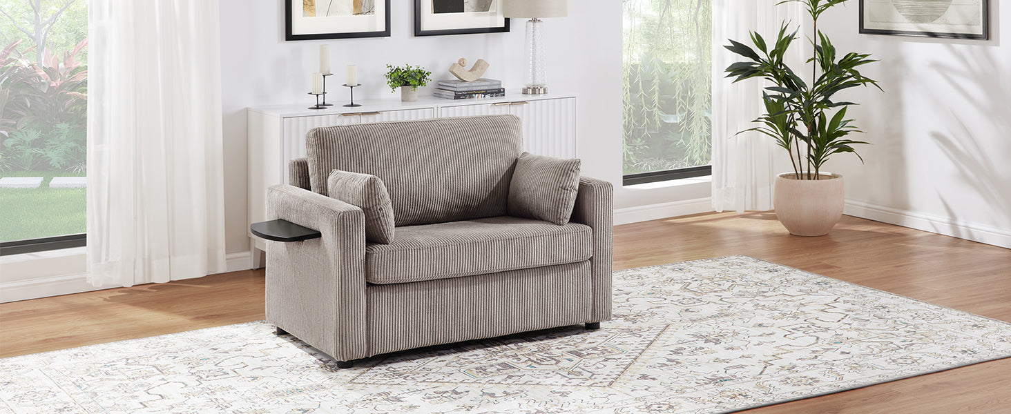 Twin Size Sofa Bed 47.2" Sleeper Sofa Loveseat Sofa with a Foldable Mattress, a Foldable Side Table, a Side Storage Pocket and Two USB Ports for Living Room, Grey-Brown