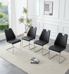 Dining Chairs Set of 4, Black Faux Leather Kitchen Chairs with Gold Mesh Texture, Silver Back Ring and Chrome Pull Handle, High Back Upholstered Dining Room Chair (Black, Set of 4)