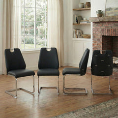 Dining Chairs Set of 4, Black Faux Leather Kitchen Chairs with Gold Mesh Texture, Silver Back Ring and Chrome Pull Handle, High Back Upholstered Dining Room Chair (Black, Set of 4)