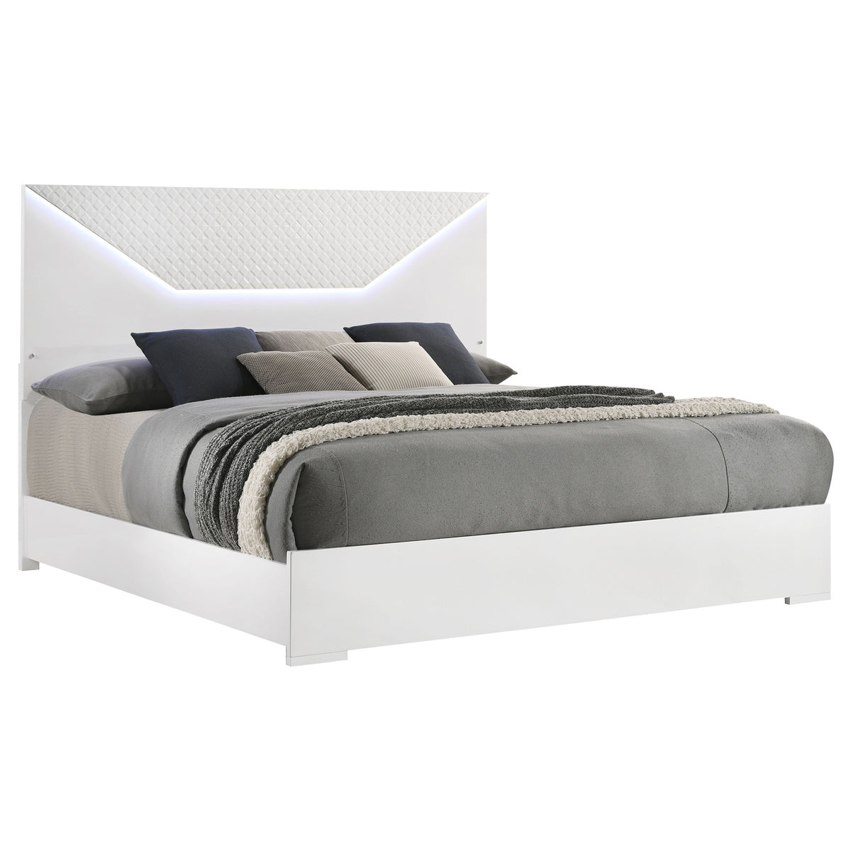 Pierce White High Gloss LED Headboard Eastern King Panel Bed