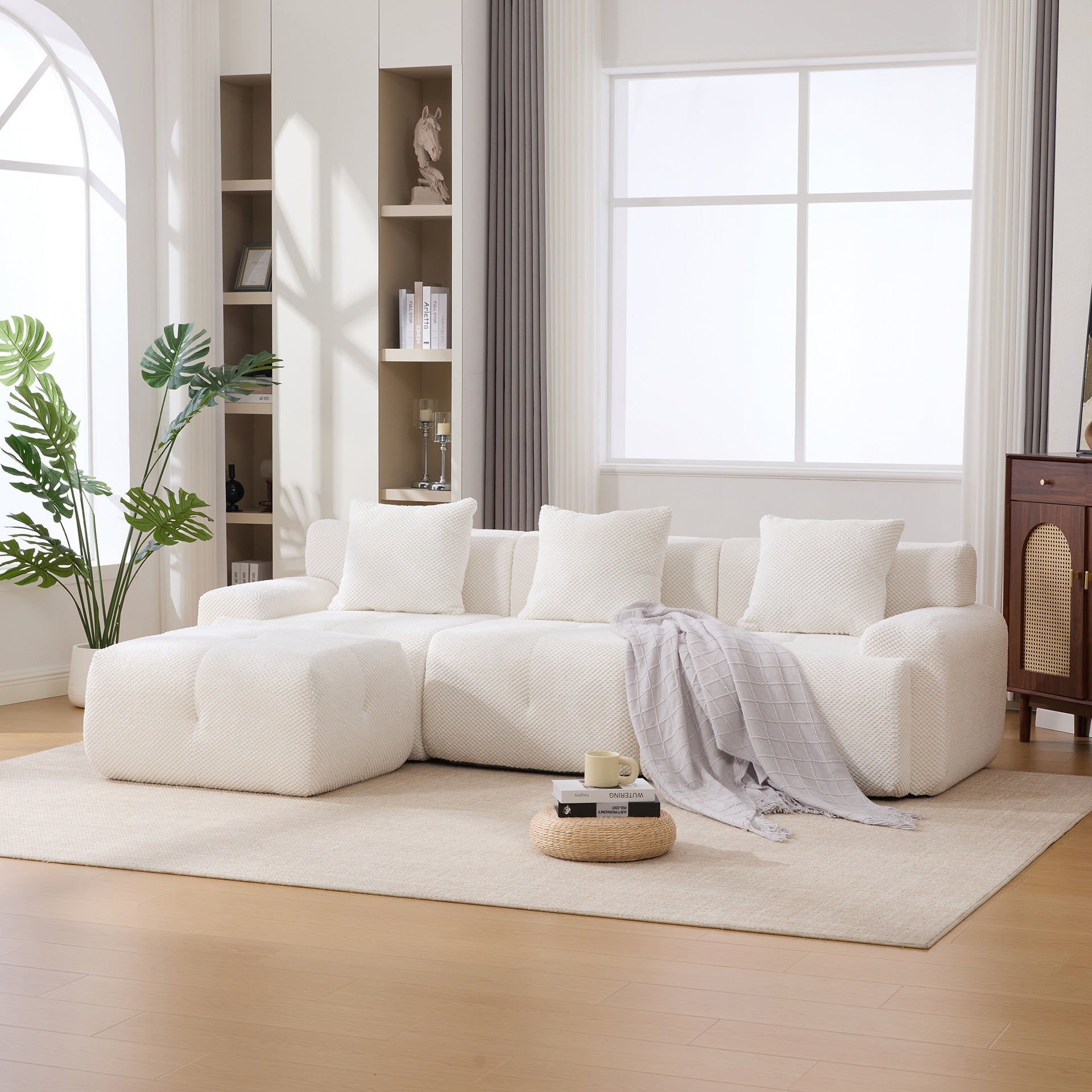 104.3" 4-Piece L Shaped Upholstered Modular Sectional Sofa, Oversized 3-Seater Boneless Convertible Cloud Tufted Couch Set with Deep Seat & Movable Ottoman 3 Pillows for Living Room,No Assembly, Ivory