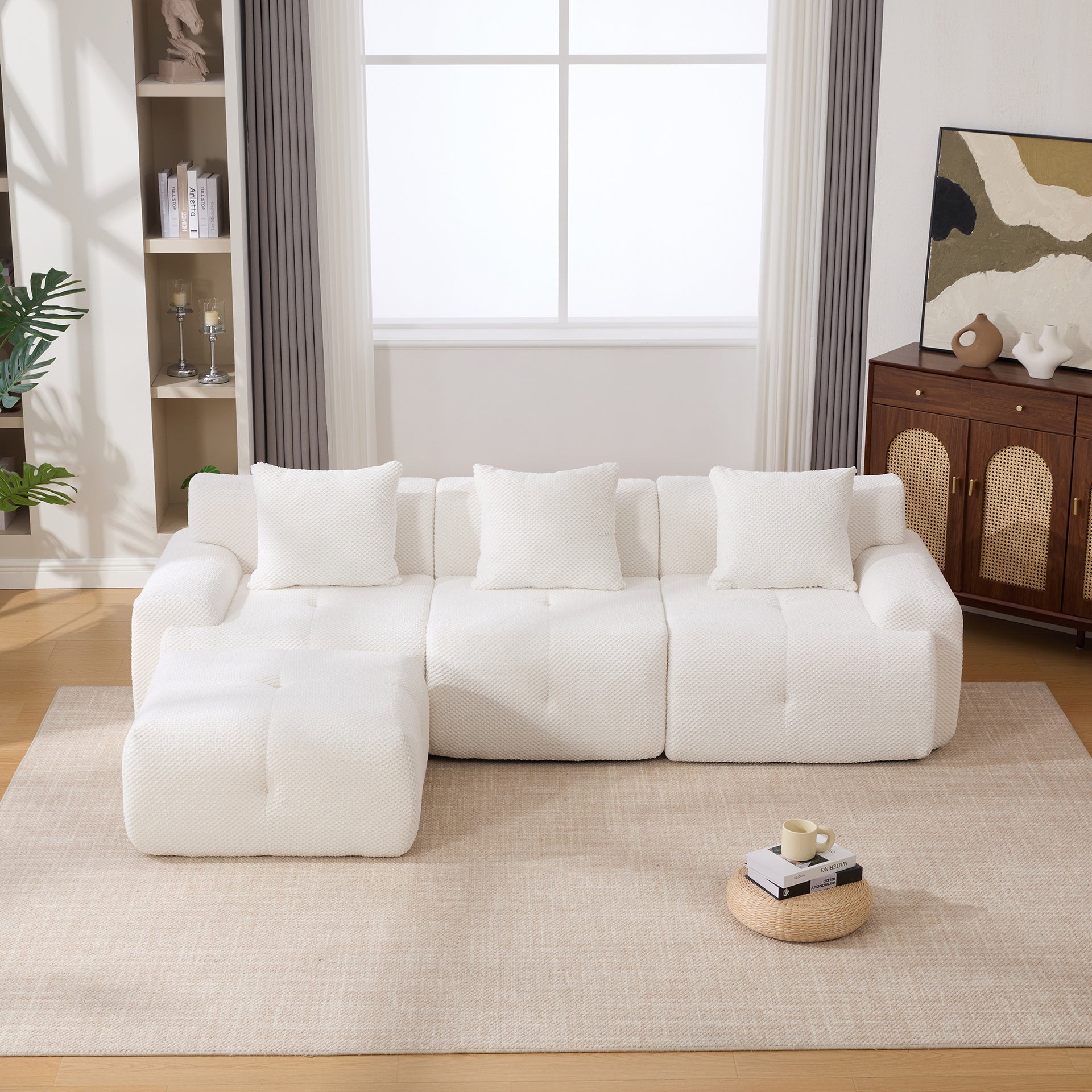 104.3" 4-Piece L Shaped Upholstered Modular Sectional Sofa, Oversized 3-Seater Boneless Convertible Cloud Tufted Couch Set with Deep Seat & Movable Ottoman 3 Pillows for Living Room,No Assembly, Ivory