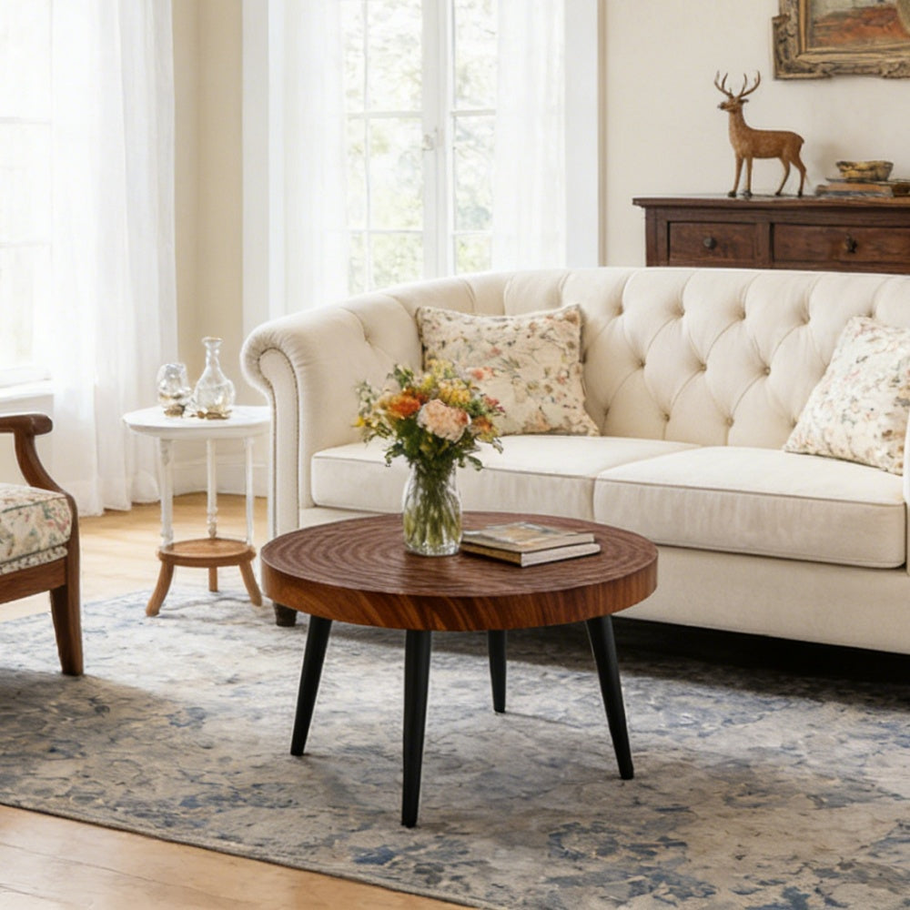 Modern Round Coffee Table - Annular Texture, Durable and Robust With a Diameter of 23.6 inches.Exquisite Suction Molding Process,Walnut Color Pattern Design,Black Sprayed Metal Leg.