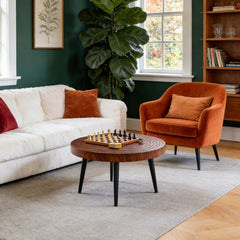 Modern Round Coffee Table - Annular Texture, Durable and Robust With a Diameter of 23.6 inches.Exquisite Suction Molding Process,Walnut Color Pattern Design,Black Sprayed Metal Leg.