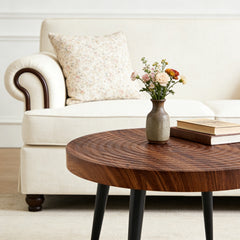Modern Round Coffee Table - Annular Texture, Durable and Robust With a Diameter of 23.6 inches.Exquisite Suction Molding Process,Walnut Color Pattern Design,Black Sprayed Metal Leg.