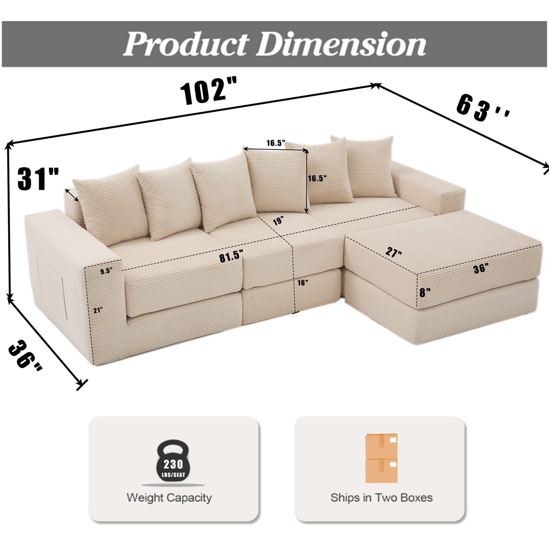 10-in-1 Convertible Sofa Sectional ,Corner Couch , Convertible Floor Sleeper Sofa,Corduroy,Side Pocket,No Assembly,DIY,L Shaped Modular Sofa,6 Pillows,Beige