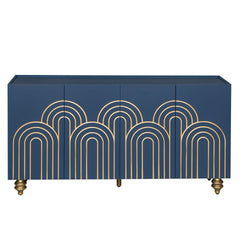 Modern Fluted Sideboard Buffet with Storage, Curve Element with Strict Lines, 4 Doors Storage Cabinet with Adjustable Shelves for Kitchen, Dining Room, Living Room (Navy Blue)