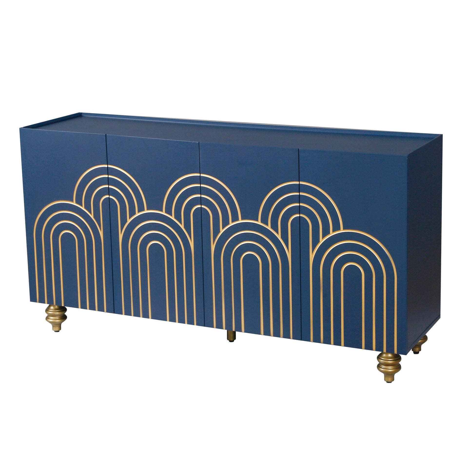 Modern Fluted Sideboard Buffet with Storage, Curve Element with Strict Lines, 4 Doors Storage Cabinet with Adjustable Shelves for Kitchen, Dining Room, Living Room (Navy Blue)