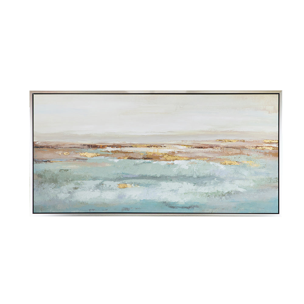 59.1x29.5x1.5" Framed Landscape Rectangle Blue and Gold Abstract Ocean Oil Painting