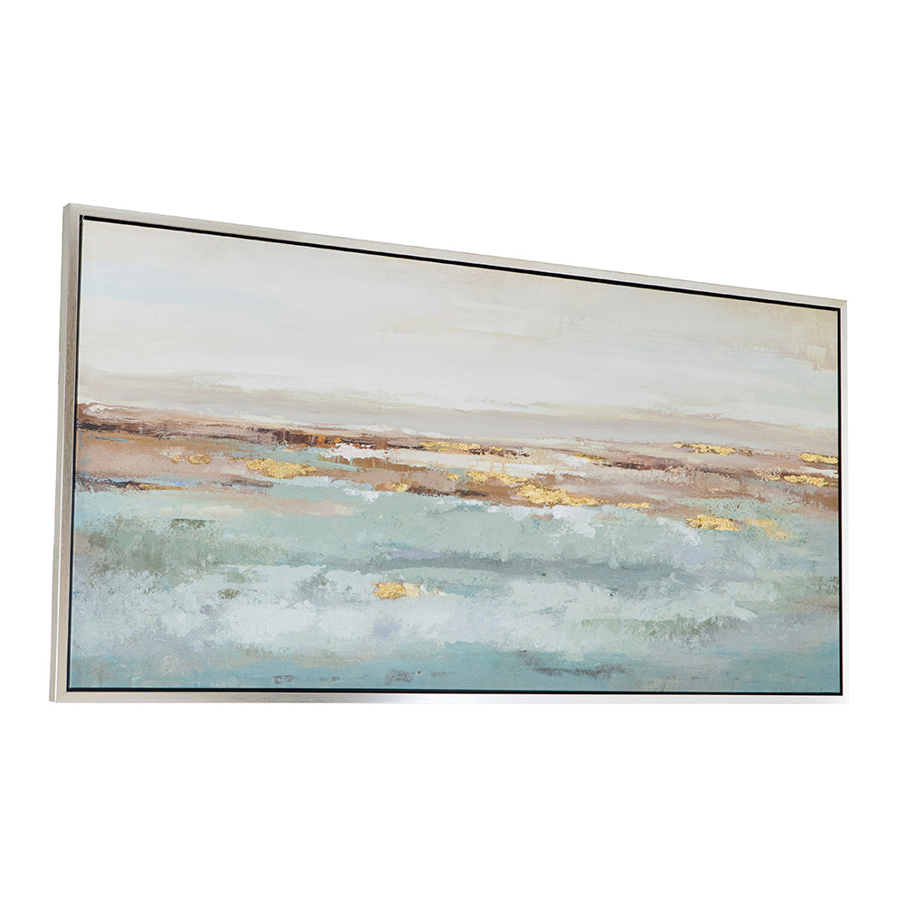 59.1x29.5x1.5" Framed Landscape Rectangle Blue and Gold Abstract Ocean Oil Painting