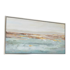 59.1x29.5x1.5" Framed Landscape Rectangle Blue and Gold Abstract Ocean Oil Painting