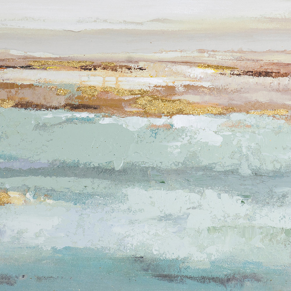 59.1x29.5x1.5" Framed Landscape Rectangle Blue and Gold Abstract Ocean Oil Painting