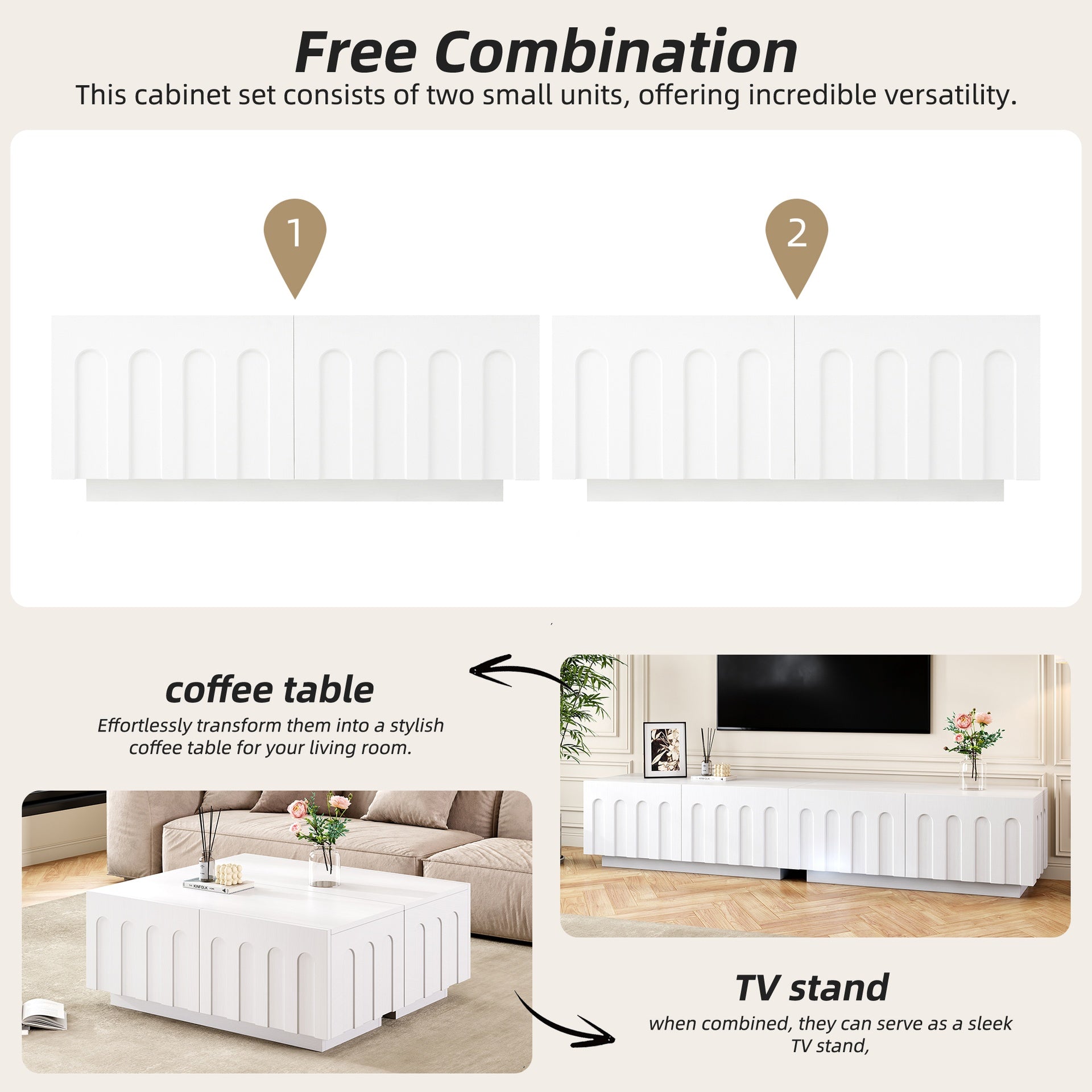 ON-TREND Elegant TV Stand with Arched Design for TVs Up to 80", Modern Dual Purpose Coffee Table with 4 Drawers, Multi-Functional Organizer Cabinet with Storage for Living Room, Bedroom, White