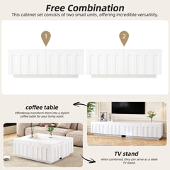 ON-TREND Elegant TV Stand with Arched Design for TVs Up to 80", Modern Dual Purpose Coffee Table with 4 Drawers, Multi-Functional Organizer Cabinet with Storage for Living Room, Bedroom, White