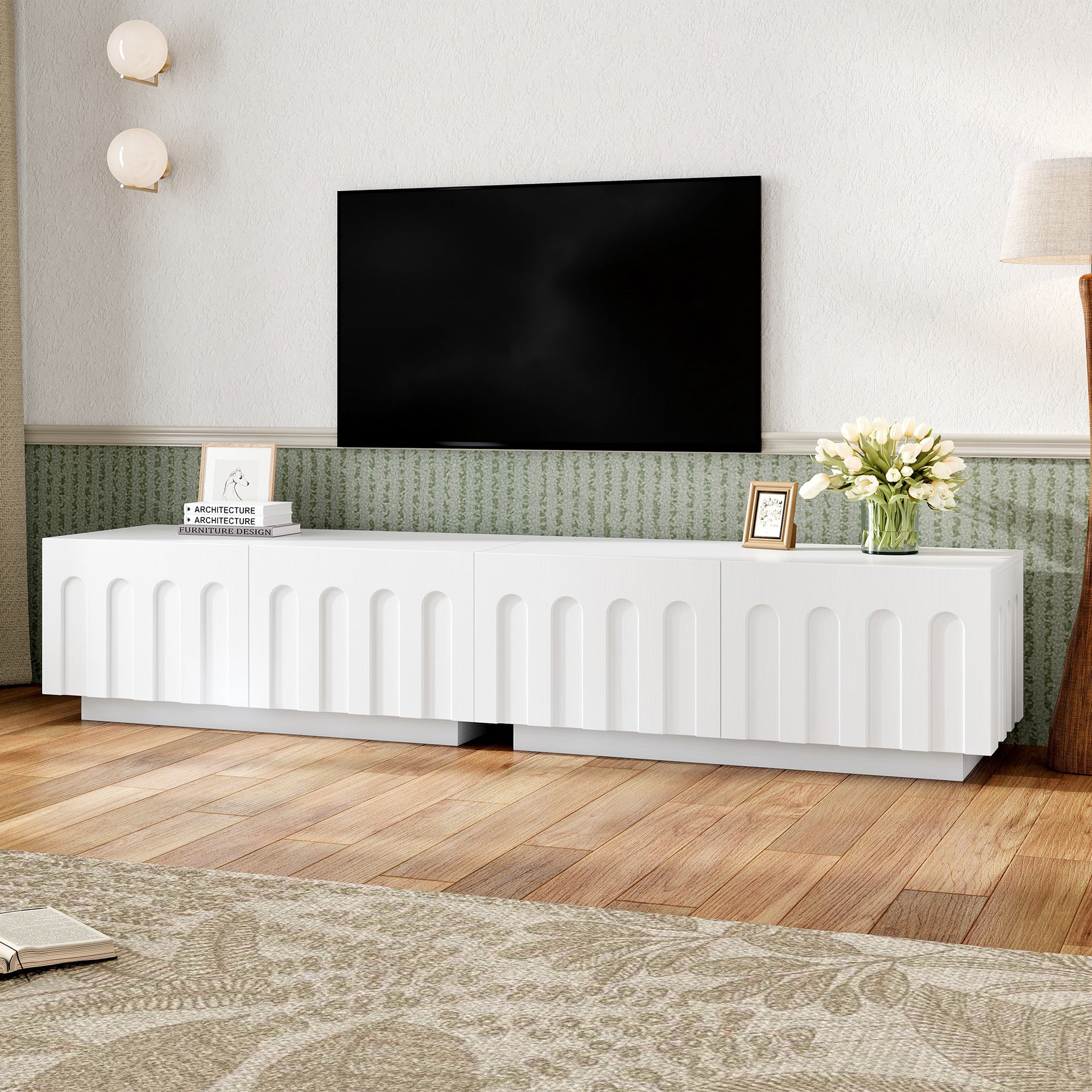 ON-TREND Elegant TV Stand with Arched Design for TVs Up to 80", Modern Dual Purpose Coffee Table with 4 Drawers, Multi-Functional Organizer Cabinet with Storage for Living Room, Bedroom, White