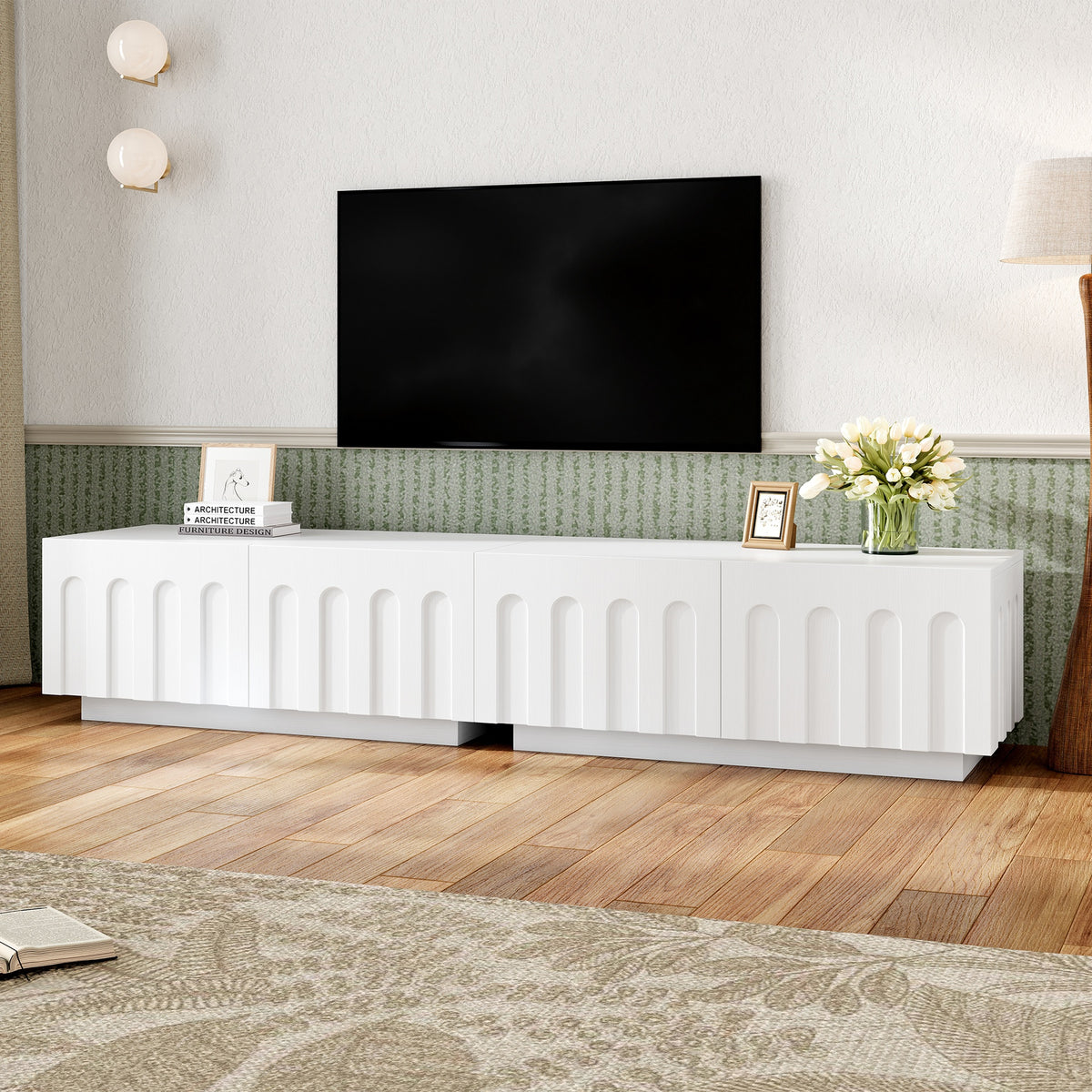 ON-TREND Elegant TV Stand with Arched Design for TVs Up to 80", Modern Dual Purpose Coffee Table with 4 Drawers, Multi-Functional Organizer Cabinet with Storage for Living Room, Bedroom, White
