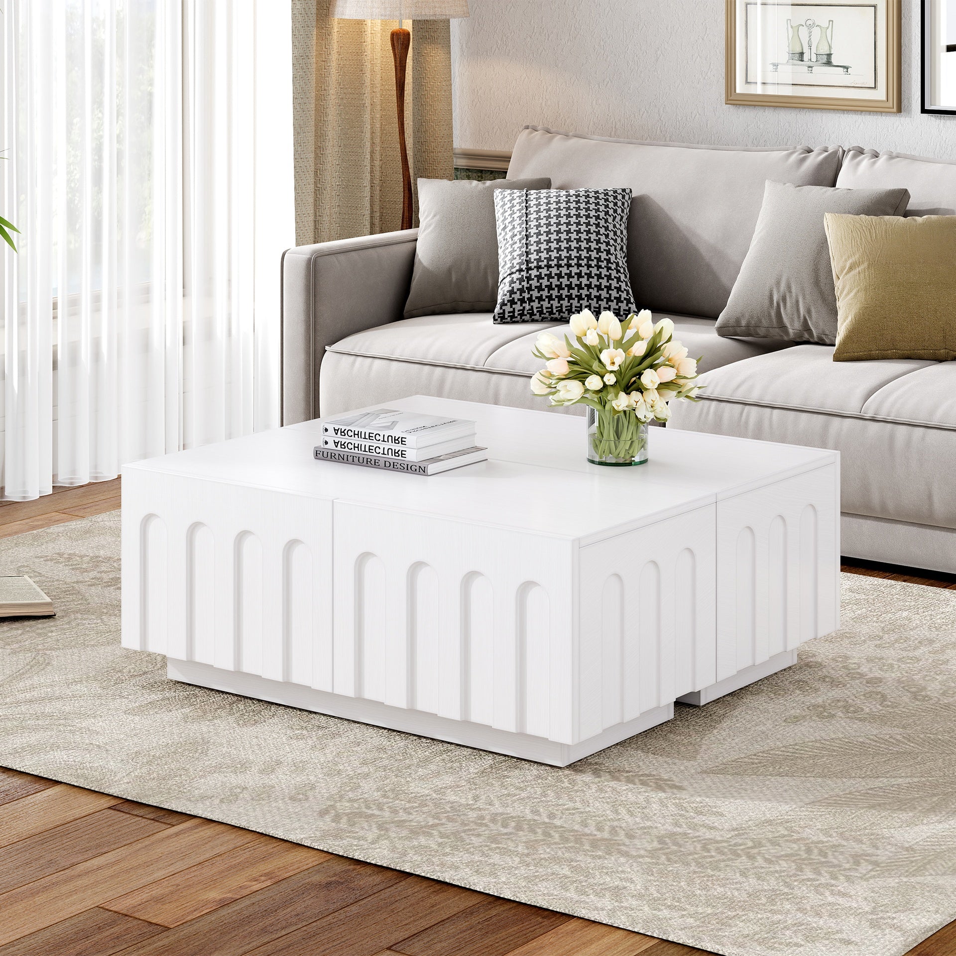 ON-TREND Elegant TV Stand with Arched Design for TVs Up to 80", Modern Dual Purpose Coffee Table with 4 Drawers, Multi-Functional Organizer Cabinet with Storage for Living Room, Bedroom, White