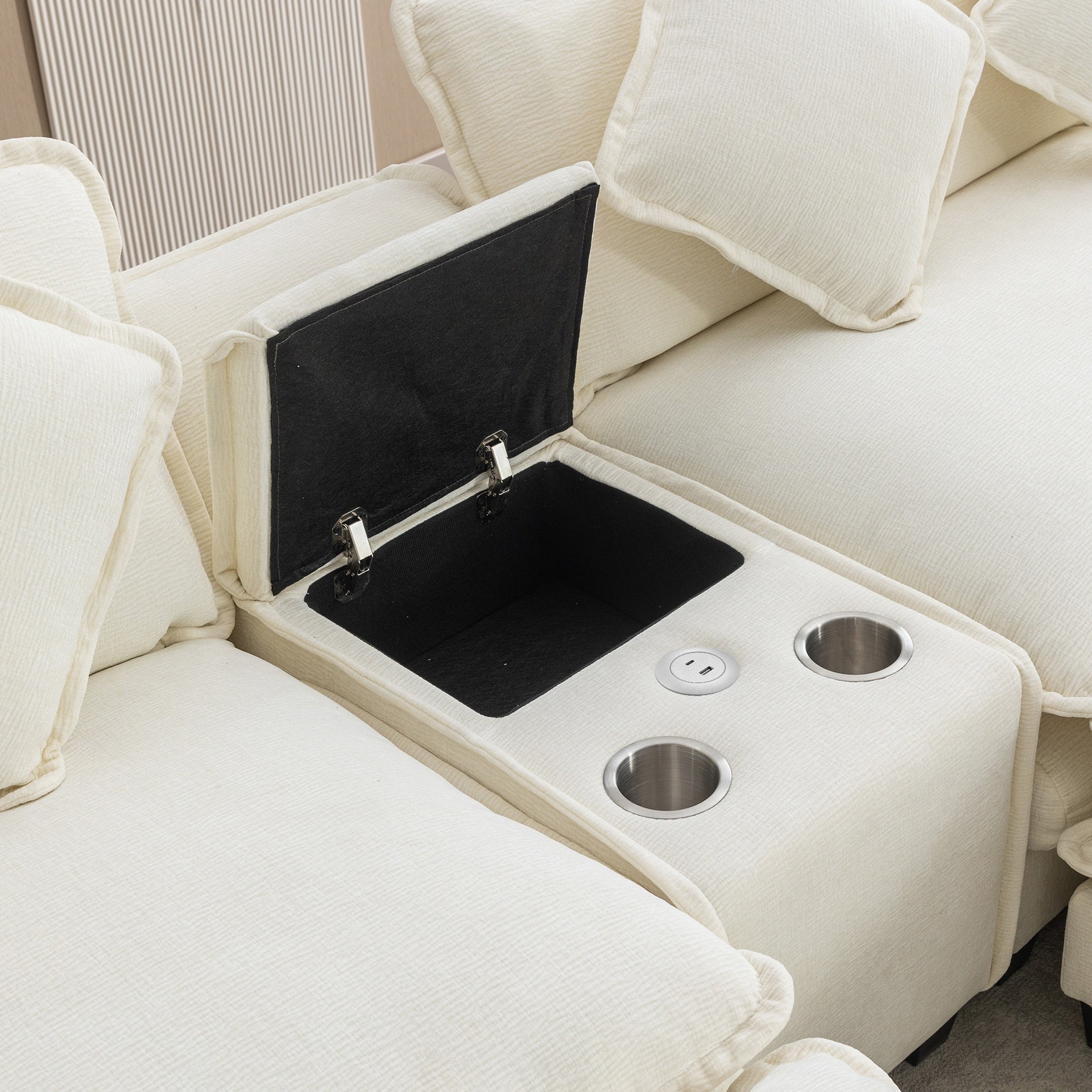111" Sectional Sofa Chenille Upholstered Sofa with Two Removable Ottoman, Two USB Ports, Two Cup Holders and Large Storage Box for Living Room , Beige