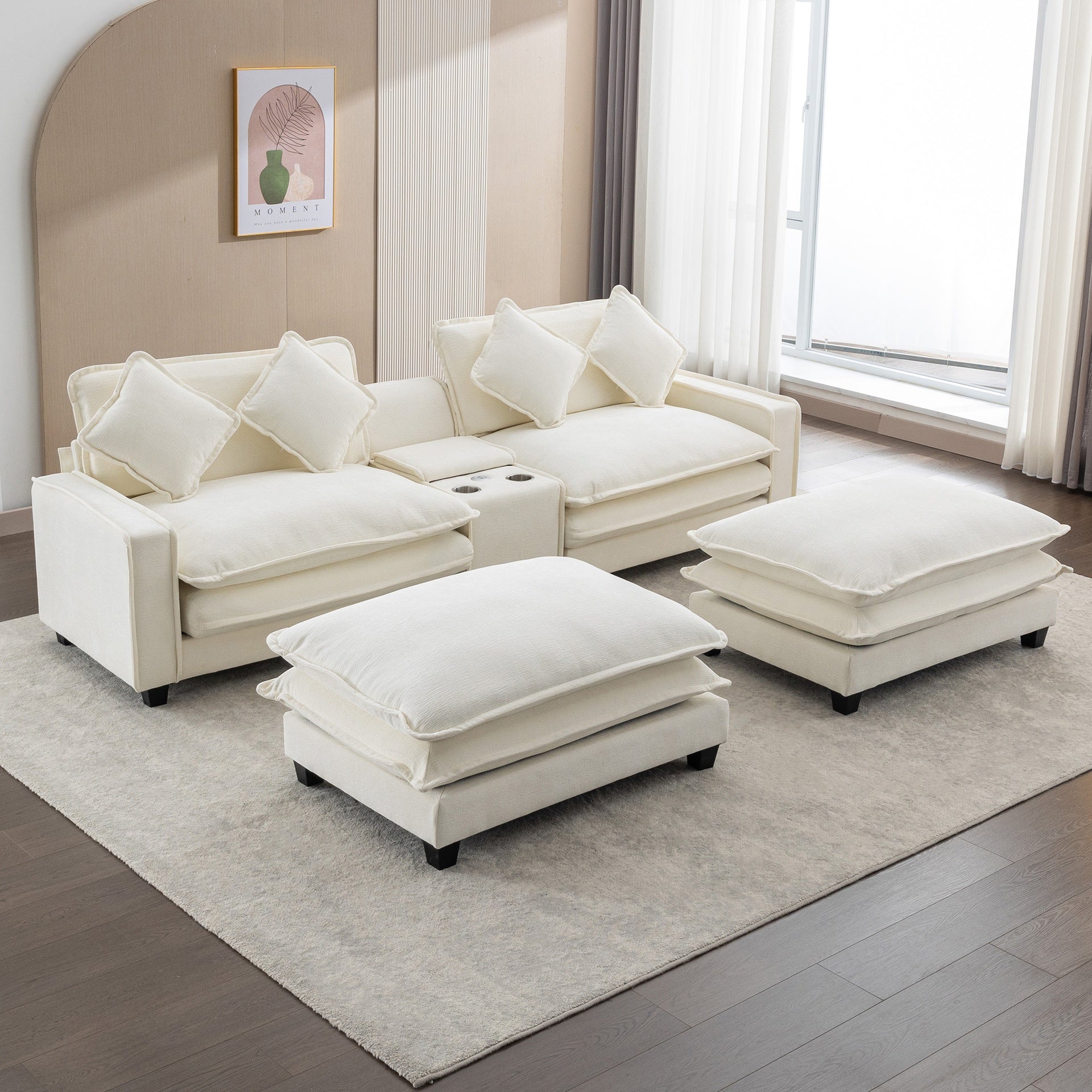 111" Sectional Sofa Chenille Upholstered Sofa with Two Removable Ottoman, Two USB Ports, Two Cup Holders and Large Storage Box for Living Room , Beige