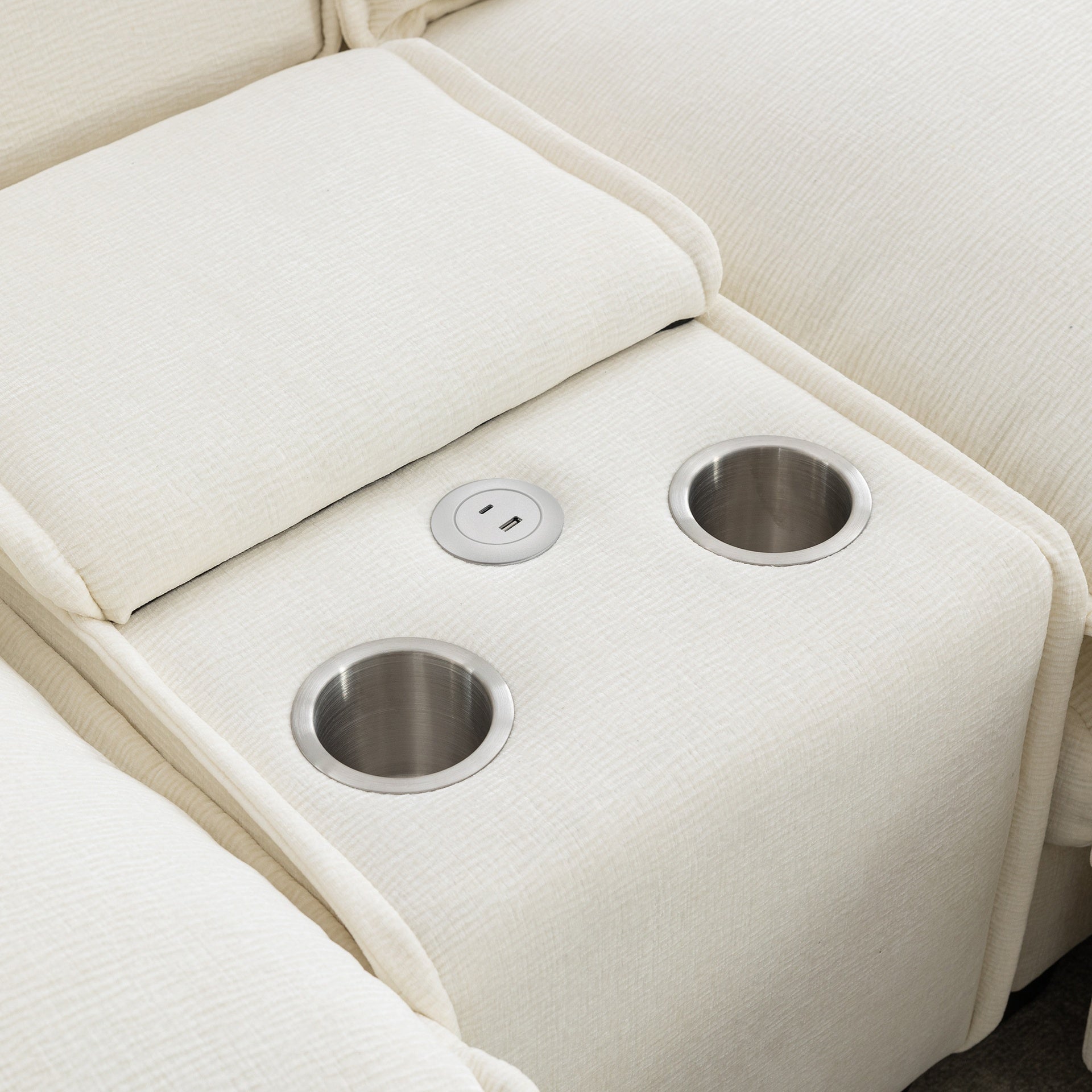 111" Sectional Sofa Chenille Upholstered Sofa with Two Removable Ottoman, Two USB Ports, Two Cup Holders and Large Storage Box for Living Room , Beige