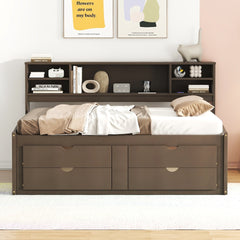 Full Size Wood Daybed with 2 Bedside Cabinets, Upper Shelves and 4 Drawers, Antique Brown