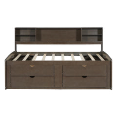 Full Size Wood Daybed with 2 Bedside Cabinets, Upper Shelves and 4 Drawers, Antique Brown