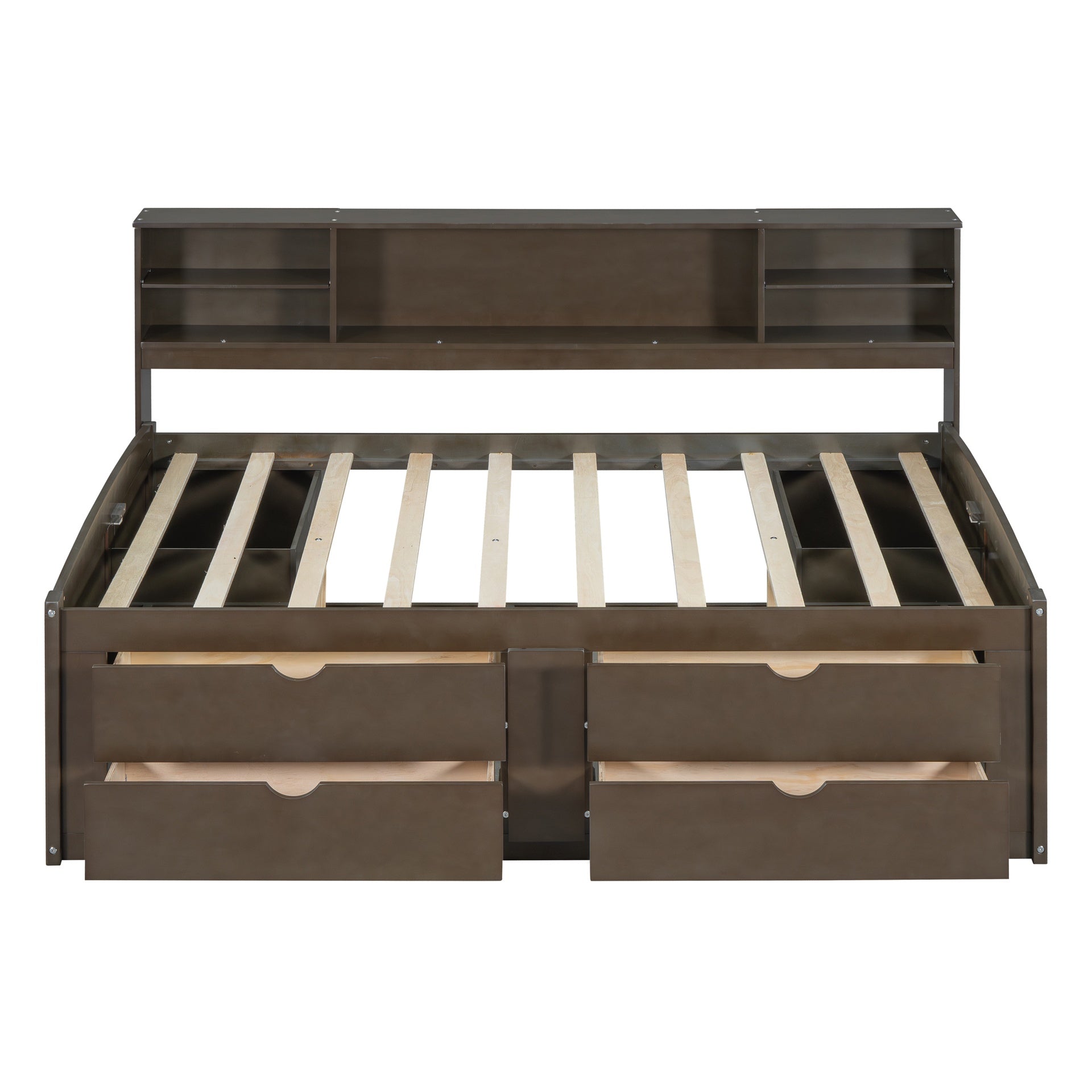 Full Size Wood Daybed with 2 Bedside Cabinets, Upper Shelves and 4 Drawers, Antique Brown