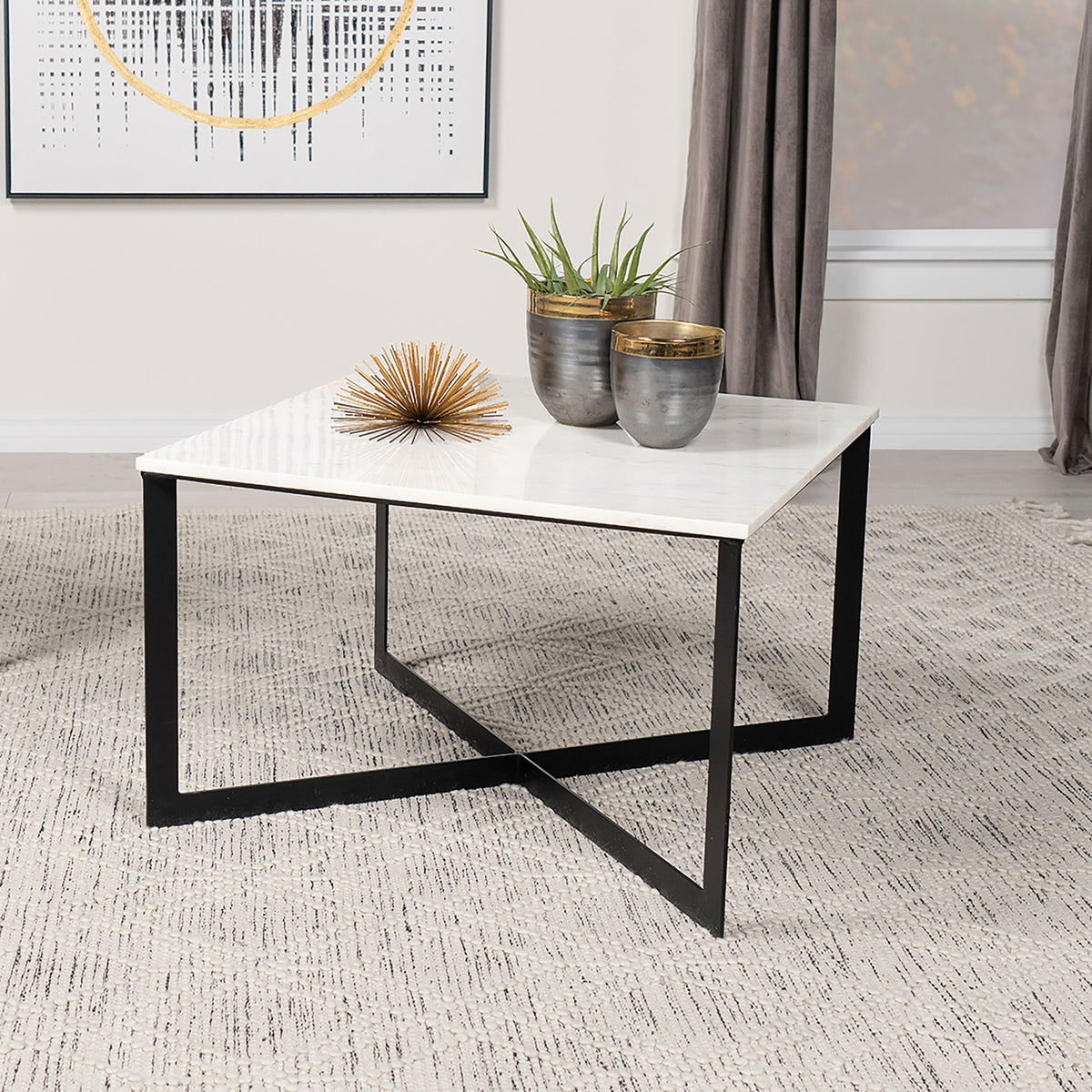 Volz White and Black Square Marble Top Coffee Table