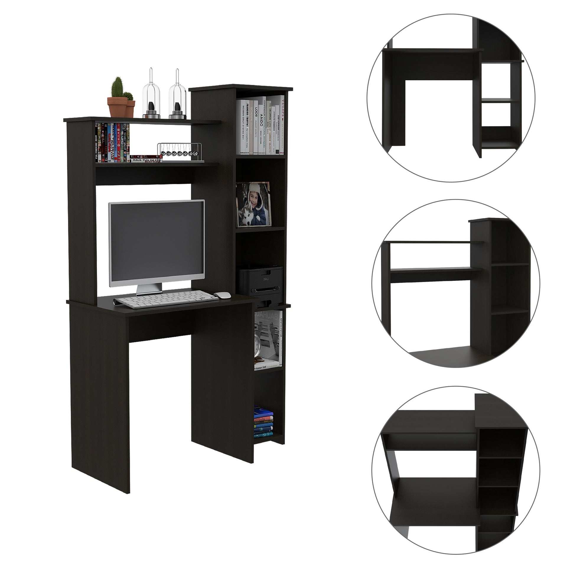 Wenge 6-Shelf Writing Desk with Built-in Bookcase